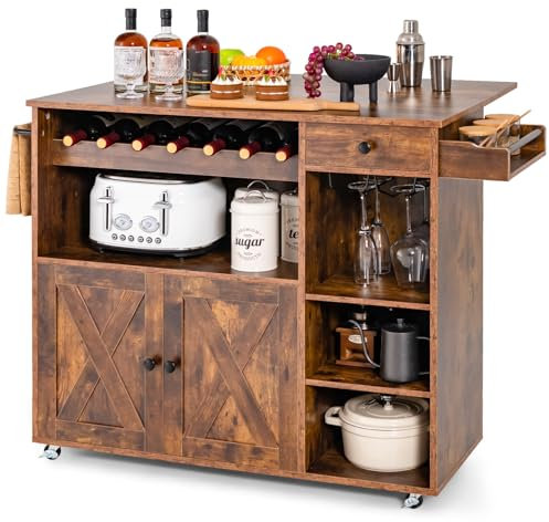COSTWAY Carrito de Cocina Móvil, Carro de Isla con Encimera Plegable, Estante para Vino, Soporte para Copas, Toallero y Especiero, Carro Rodante para Cocina, Bar y Comedor, Marrón Rústico