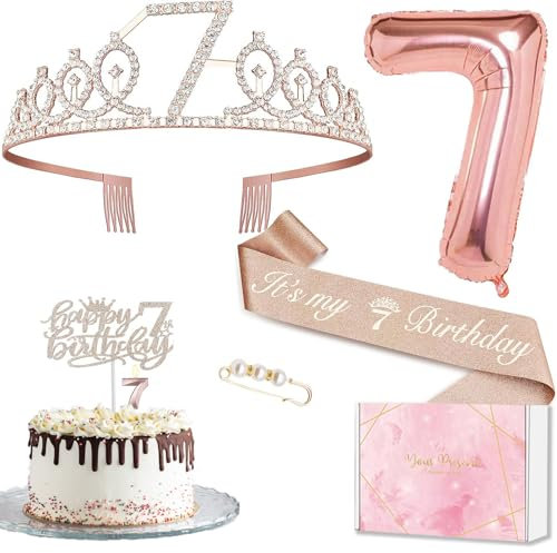 Geburtstagsdeko 7 Jahre Mädchen, 7. Geburtstagskrone und Schärpe, Happy Birthday Tortendeko Kerzen, Roségold Folienballon 7, Geschenke für 7 Jahre Mädchen