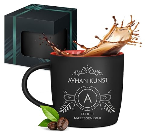 Maverton schwarzer Keramik Kaffeebecher 400ml mit Gravur, Kaffeetasse | Kaffeebecher aus Matt Keramik mit Henkel, Trinkbecher Männer zum Geburtstag zu Weihnachten, matt schwarz, Innen rot, Initiale