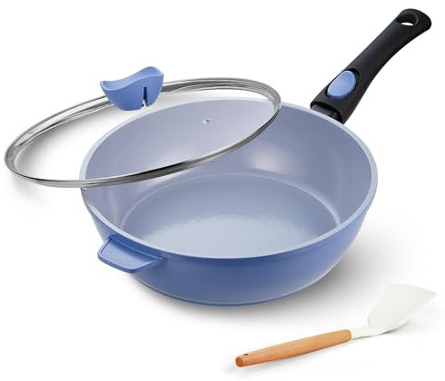 IKTU Ceramic Nonstick Deep Frying Pan, 11Inch Nonstick 4Qt Saute Pan with Helper Handle and Lid, Large Skillet Pan Induction Cookware with Detachable Handle, PFAS PFOA & PTFE Free