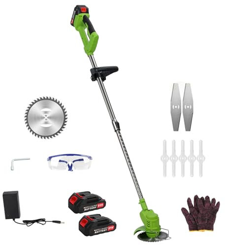 Luojuny Débroussailleuse de jardin sans fil avec lames, débroussailleuse électrique 21 V avec 2 batteries 1500 mAh et chargeur, coupe-herbe télescopique, machine de coupe d'herbe légère pour le