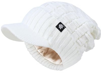 Creekstone Beanie für Damen Herren Satin gefütterte Wintermützen Slouchy Beanies Hüte Satin gefütterte Beanie mit Krempe Visier (DE/NL/SE/PL, Alphanumerisch, Einheitsgröße, Weiß)