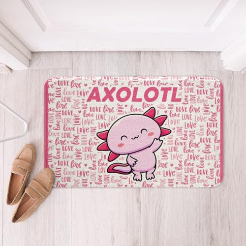 Fußmatte Cartoon Axolotl Niedlicher Salamander Meerestiere Axolotl Liebhaber Rosa Romantisch Türmatte rutschfest Badezimmerteppich Waschbar Duschvorleger Für Küche Toilette Wäscherei 40X60Cm