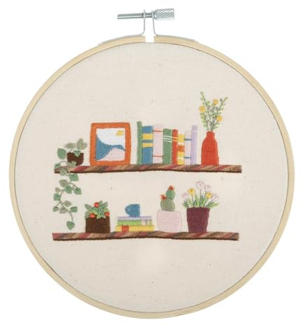 Trimits Embroidery Kits - 15cm 6 Embroidery Beginners Kit, Cross Stitch Kits for Adults, Starter Set with Bamboo Hoop, Fabric, Threads, Needle & Backing - Floral Shelf