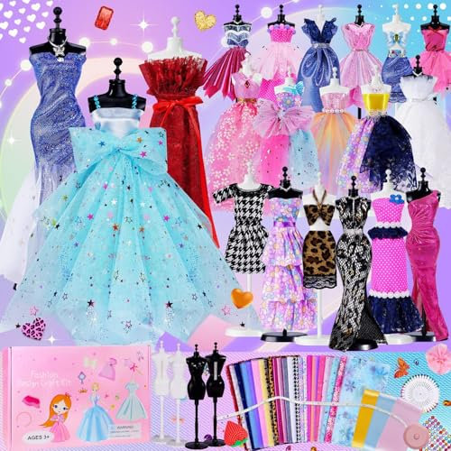 MEIRRAI Modedesigner Set für Mädchen mit Stoff, 500-teilig Kreatives Nähset Kinder mit 4 Mannequins, Bastelset Lernspielzeug Weihnachten Geschenke für Basteln 6 7 8 9 10 11 12 Jahre +