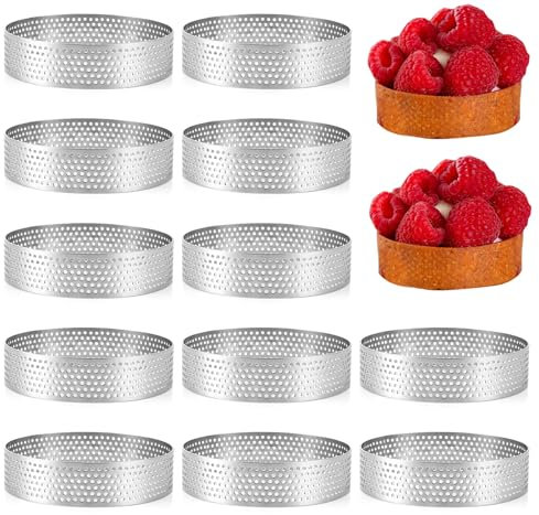 YAYODS 12 Stück Mousse Tartelette Förmchen - Edelstahl Dessertringe 8 cm - Dessert Mousse Ring Mit Löchern - Perforierter Torten Ring Backringe Hoch 2 cm - Anrichteringe Speiseringe für Pie Quiche