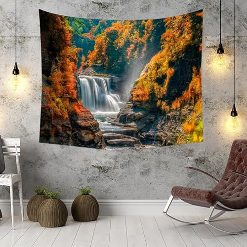 KnSam Wandbehang, Herbst Wald Dschungel Bach Wandteppich Landschaft Natur Wandtuch Polyester Tapestry für Schlafzimmer, Orange Braun, 260x240cm