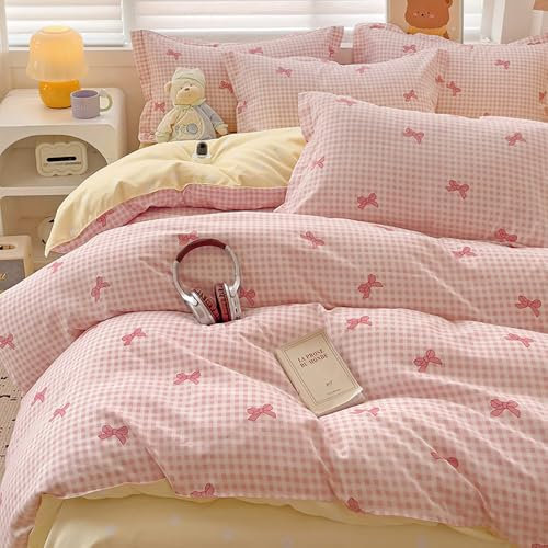 Covebett Bettwäsche 135x200 Kariert Rosa Gelb mit Schleifen Karomuster Mädchen Bettbezug 2teilig Aesthetic Rosa Weiß Karo Weich Microfaser Deckenbezug mit Reißverschluss und Kissenbezug 80x80cm