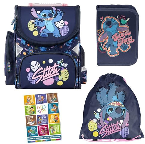 PASO - Schulranzen für Jungen und Mädchen - Schul-Rucksack für Kinder mit Federmäppchen - Schuhbeutel und Hausaufgabenheft - Lilo und Stitch Motiv - 1-3 Klasse