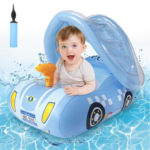 Shyllin Aufblasbares Schwimm-Auto schwimmring Kinder mit verstellbarem Sonnendach und Sicherheitssitz Pool-Spielzeug für Kinder (Blue)