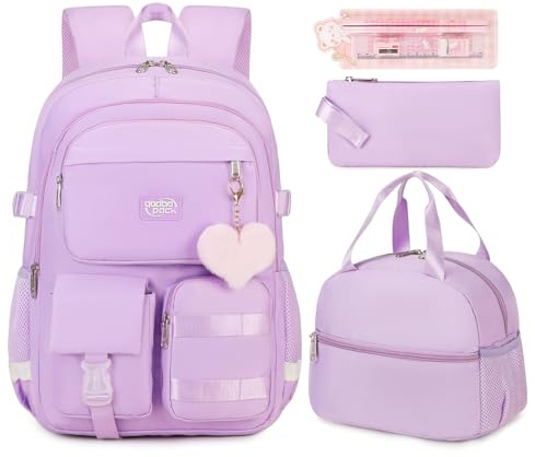 qodbopack 3PCS Student Backpack For School Women College Middle High Teen Girls Bookbag Waterproof Laptop Bag, Purple