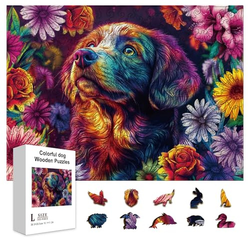 GLOBLELAND 300Pcs Colorful Dog and Flowers Wooden Jigsaw Puzzles for Adult 11.22x15.16inch Colorful Golden Retriever Wood Puzzles for Adults Christmas Halloween Birthday