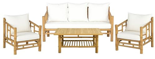 Brigros- Salotto Da Giardino In Bambù Con Cuscini Composto Da Divano 3 Posti, 2 Poltrone E Tavolino, Arredo Giardino Per Esterno Elegante E Naturale In Bamboo Modello Akira (Bianco)