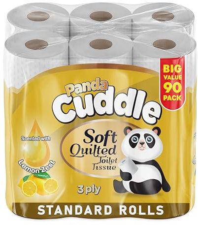 3 Ply Lemon Scented Luxury Toilet Rolls Bulk Buy - 90 Pack Quilted Toilet Paper – Super Soft Loo Roll for Comfort and Easy Flush Embossed Toilet Tissue by Panda Cuddle