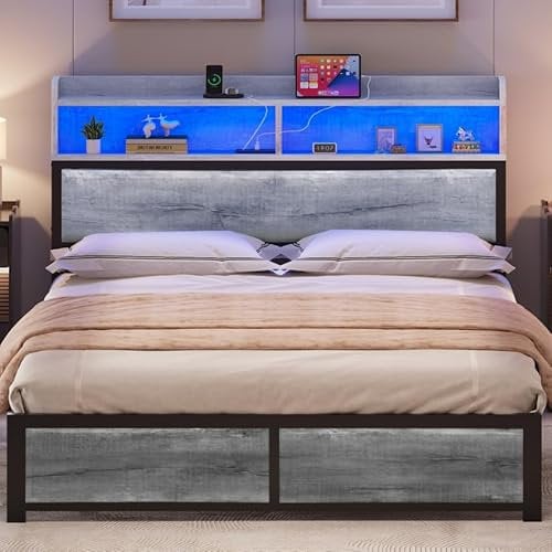 YITAHOME Bettgestell LED mit Kopfteil USB-Anschlüsse und Ladeausgänge Metallplattform-Bettgestell mit 2 Regalböden,Keine Matratze erforderlich,Braun 200X180CM
