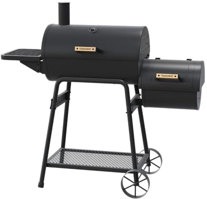 CosmoGrill NEW Cinder Offset Smoker Charcoal Barbecue, Portable Charcoal BBQ Grill with Dual Chamber, Handle, Foldable Side Table & Storage Rack for Garden, Patio, Outdoor Camping, Black.