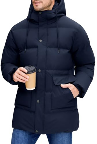 Xnova Abrigo Largo de Invierno para Hombre, Chaqueta Acolchada con Capucha Térmica Resistente Cálido Casual Parka Cazadora Prueba de Viento con Bolsillos (Azul 02, L)