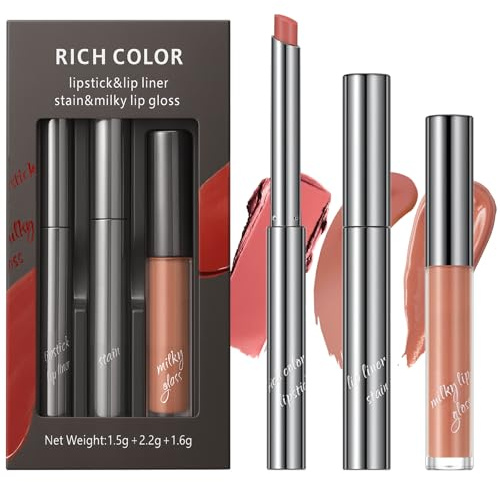 Erinde 3Pcs Peel-Off Lip Stain Set 3 in 1 Matte Lipstick & Liquid Lip Gloss & Peel off Lip Stain,Waterproof & Long- Lasting, Matte Nude Lipstick, Highly Pigmented color Lip Makeup for Women 2#