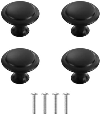 HONRIGO 4 Pcs Black Cabinet Knobs, Durable Stainless Steel Cupboard Door Knobs, Round Drawer Knob for Kitchen, Wardrobe and Furniture (30mm)