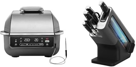 Ninja 5-en-1 Grill d’intérieur et friteuse sans huile, EG351EU + Bloc-couteaux Ninja Foodi StaySharp avec Affûteur, Ensemble de Couteaux 6 Pièces Aiguisés, K32006EU