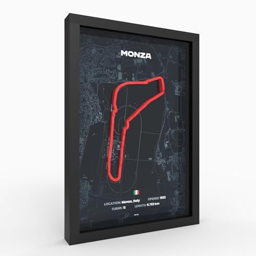 Monza 3D Poster im Holzrahmen I A3 I Hochwertiger 3D Druck I 2000dpi | 280g Papier I 3D Rennkunst als Deko für Wand I Büro & deinen Schreibtisch oder als Geschenk I Acrylglas-Front