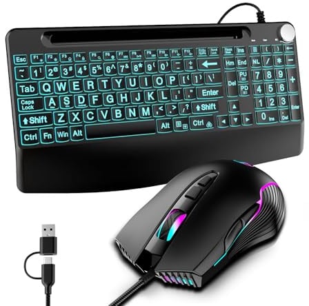 Lighted up Backlits Full Size USB C(Type C)/USB A Large Print Wired Keyboard and Mouse Combo, with Quiet Scissor Keys &Phone Holder &Volume Knob &jiggler Mouse,for MacBook,Mac,Windows Laptop PC