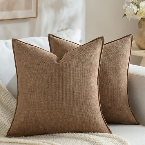 FDTERN 2er Set 40×40 cm Braun Chenille Kissenbezugset im modernen Dekor Einfarbiges, neutrales Design mit Borte Einzigartiges Design Geeignet für Schlafzimmer Wohnzimmer Sofa Bett und Wohnkultur