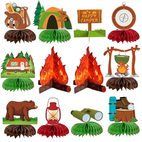 Bubaxuce Camping Party Decorations, 12 Pieces Happy Camper Honeycomb Centers Table Adornments Adventure Cake Toppers For Birthday Shower Campfire Exploration Club