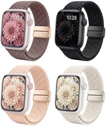 [4er-Pack]Geflochtenes Armband Kompatibel mit Apple Watch 49,46,45,44,42,41,40,38mm, Dehnbares Magnetisches Nylon Loop Sportarmband für Damen Herren, für iWatch Series 11 10 9 8 7 6 5 4 3 2 1 SE Ultra