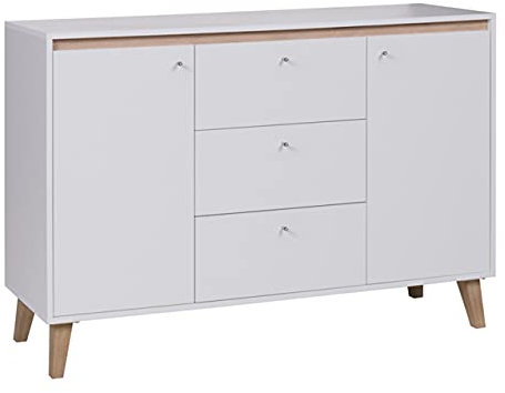 Mirjan24 Kommode Oviedo K2D3SZ mit 3 Schubladen, Schrank im skandinavischen Stil, Mehrzweckschrank, Anrichte, Wohnzimmerschrank, Sideboard, Wohnzimmer (Weiß Matt/San Remo Eiche Hell)