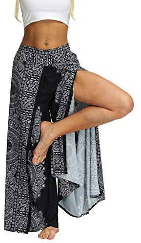 Fancy Uyee Damen-Hose mit Schlitz, weites Bein, lässig, Hippie, Bohemian, Sommer, Strand, Boho, Yogahose, Mandala Black 011, Large-X-Large