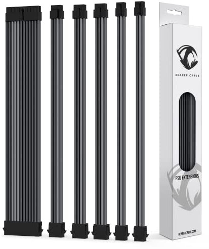 Reaper Cable Sleeved PSU Extension Set - Power Supply Extensions - 1x 24 Pin/ 2x 8 Pin/ 2x 6 Pin/ 1x 4+4 Pin - With Combs - 30cm (Carbon & Billet Grey)