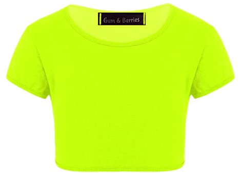 Kids Girls Neon Fluorescent Plain Short Sleeve Crop Tops T-Shirt Tee Top Dance Wear Gymnastic Fancy Dress Colour: Neon Yellow - Size: 9-10 Years