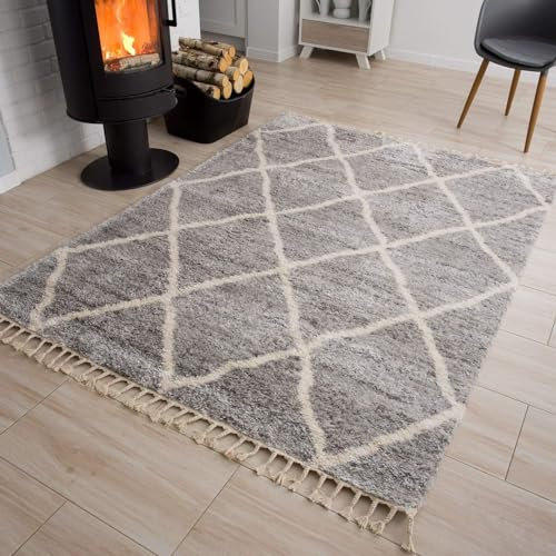 TAPISO Versay Teppich Shaggy Grau Creme Boho Fransen Modern Geometrisch Rautenmuster Hochflor Langflor Wohnzimmer Schlafzimmer ÖKOTEX 160 x 220 cm
