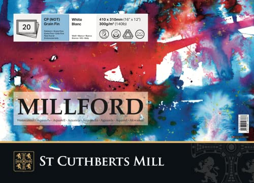 SAUNDERS WATERFORD SERIES ST Cuthberts Millford blocco carta per acquerello, collato 4 lati,41x31cm, 20 fogli, bianco, grana fine, 300gm, 16 x 12