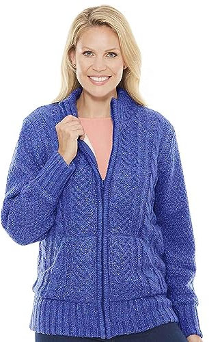Amber Ladies Borg Fleece Lined Zip Cardigan Cable Knit Design Warm Marl Yarn with Full Zip Front Blue 20-22