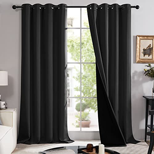 Deconovo Total Blackout Curtains, Eyelet Thermal Curtains 90 Drop, Wind-blocking Full Shade Door Curtains with Black Liner for Living Room, 52 W x 90 L, Black, 2 Panels