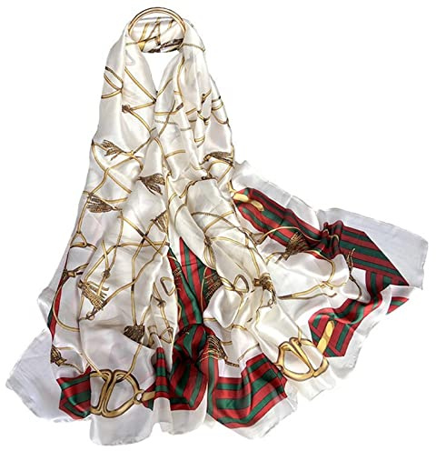 WEIGEER Foulard en soie femmes châle Écharpe en soie Silk Scarf Women Chiffon Shawl White Neckerchief Head Wrap Thin Scarf Beach Hijab Belt Vintage Bridal Shawl Binder (White-chainn)
