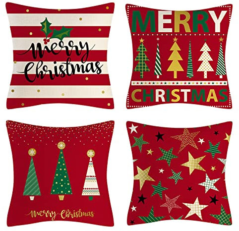 OCEUMACO Leinen Kissenbezug 45x45 Weihnachten Rot Kissenhülle 4er Set Sofakissen Dekokissen Bezug für Couch Merry Christmas Weihnachtsdeko Kissen Kissenbezüge Outdoor Deko Zierkissen Couchkissen