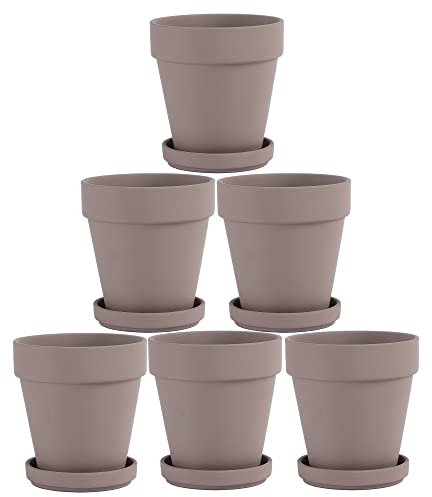 Graue Terra-Cotta-Töpfe mit Untertasse, 6 Stück, kleine Terrakotta-Töpfe, 10.2 cm, Ton, Keramik, Pflanzgefäß, Kaktus-Blumentöpfe, ideal für Pflanzen, DIY-Bastelprojekte