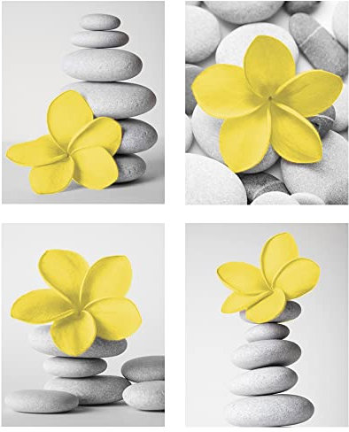 Genius Decor - Zen Kunstdrucke für Badezimmer gelb grau Wandkunst Blumen und Kieselstein Bild Schlafzimmer Spa Kunst Leinwanddrucke ungerahmt 20,3 x 25,4 cm 4er-Set (gelb, 20,3 x 25,4 cm)
