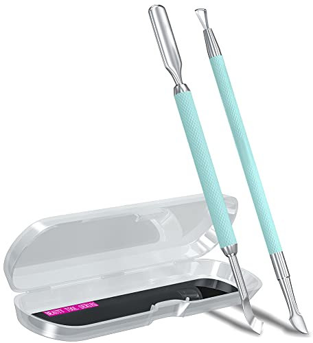 2PCS Metal Teal Cyan Cuticle Pusher and Cutter Remover Salon Stainless Steel Acetone Gel Nail Polish Peeler Scraper Durable Professional Manicure Pedicure Cleaner Tool For Fingernail and Toenail