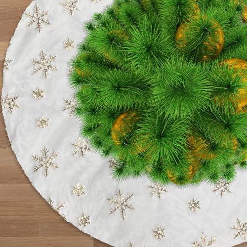 Jsdoin Gonna per Albero di Natale, Doppio Strato in Peluche Bianco Vestito per Albero di Natale, con Ricamo Fiocchi di Neve Dorati, Tappetino per Copertura Base per Albero di Natale, Capodanno(90cm)