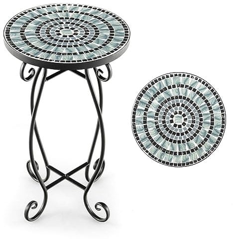 HOMASIS Table d'appoint de jardin avec motif mosaïque, support pour plantes avec plateau de table rond en métal et carrelage, table de balcon pour jardin, balcon et salon (noir + gris)