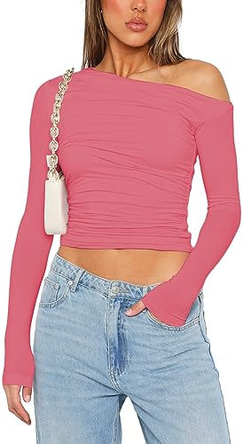 Carolilly T-Shirt Femme à Manches Longue Une Epaule Dénudée, Haut Crop Top Sexy Moulant Printemps Automne Casual Couleur Uni (Rose Barbie, S)