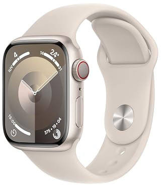 Apple Watch Series 9 [GPS + Cellular] Smartwatch con Caja de Aluminio en Blanco Estrella de 41 mm y Correa Deportiva Blanco Estrella - Talla M/L. Monitor de entreno, App Oxígeno en Sangre