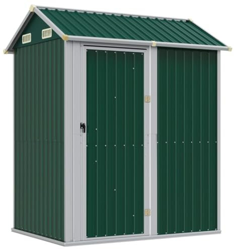 vidaXL Gerätehaus, Gartenhaus mit Schrägdach Tür, Gartenschuppen Schuppen mit Stauraum, Geräteschuppen Metallschuppen, Grün 192x152,5x237 cm Verzinkter Stahl