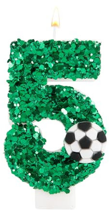 Geburtstag Zahlen Kerzen, Grün Geburtstagskerzen Fußball mit Glänzenden Pailletten Zahlen Kerzen Fußball Kuchenaufsatz für Geburtstagsfeiern Jubiläen Feiern (Nummer 5)