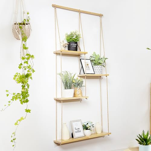 jontell Estante de pared para plantas de macramé para colgar en la pared, estantes de macramé hechos a mano, estantes flotantes decorativos bohemios, estante de cuerda para organizar y decorar sala de