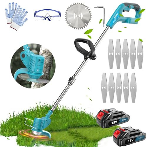 Strimmer,Electric Grass Trimmer,18V Compatible with Makita DUR181Z, Lightweight Li-ion Battery with 2 x 3.0Ah and Charger Lawn Edger Tool for Trimming Grass Weed with 10xMetal Blades and 1xSaw Blade